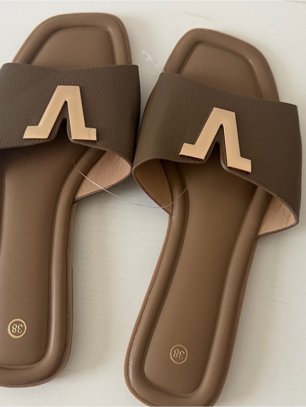 No Boundaries Brown Slide Sandals with Gold Accent